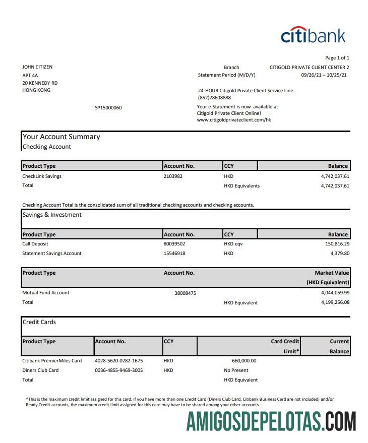 Exemplo de cartão de crédito Citibank de Hong Kong